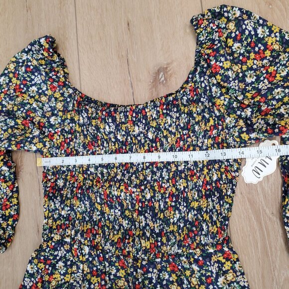 NWT AUW Womens Dress Size M Floral Blue Smocked Puff Sleeve Cottage Ballet Mini - Picture 7 of 14